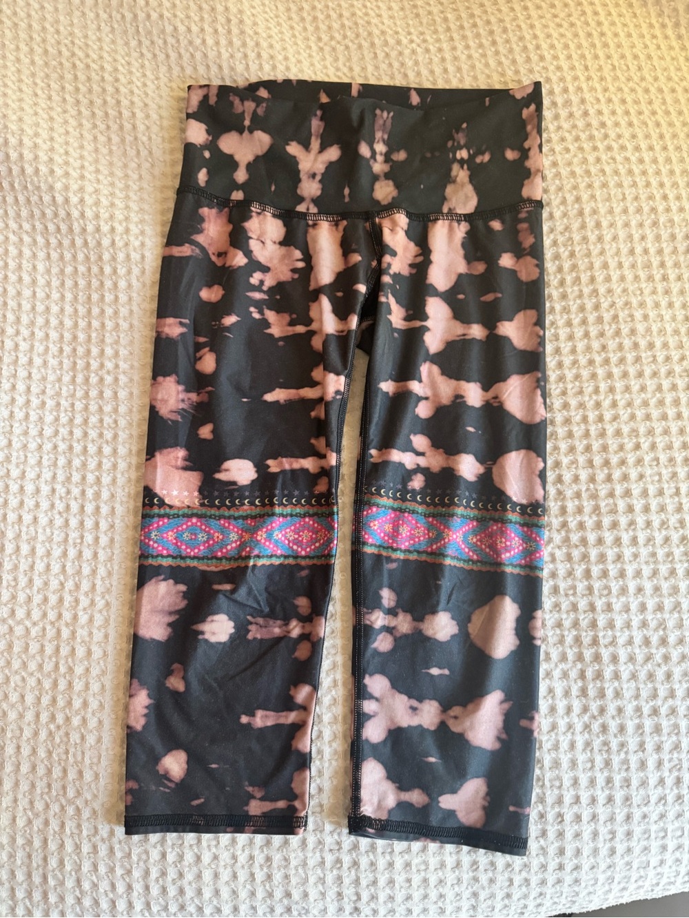 teeki Black Capri Leggings with Pink Bleach and Colorful Aztec Band